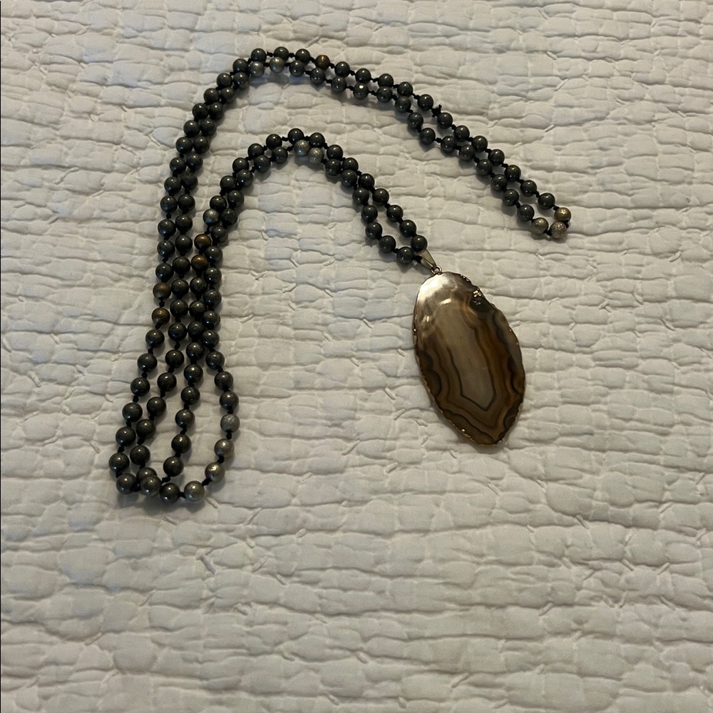 Olive green and gold Beaded Necklace with Agate Pendant. 24 inches